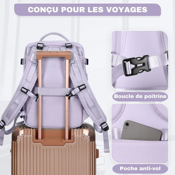 Sac à dos de voyage femme conçu pour voyager en toute sécurité.