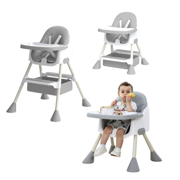 Chaise haute bébé évolutive montrant un enfant en train de manger, illustrant les différentes positions et utilisations de la chaise pour s'adapter à la croissance de l'enfant.
