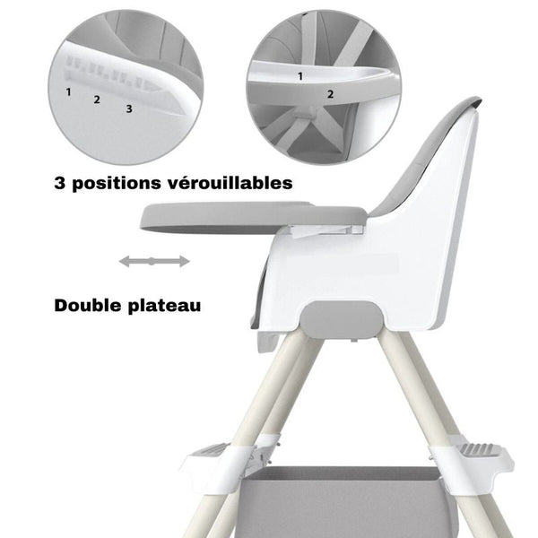 Chaise haute bébé évolutive avec double plateau et trois positions verrouillables.