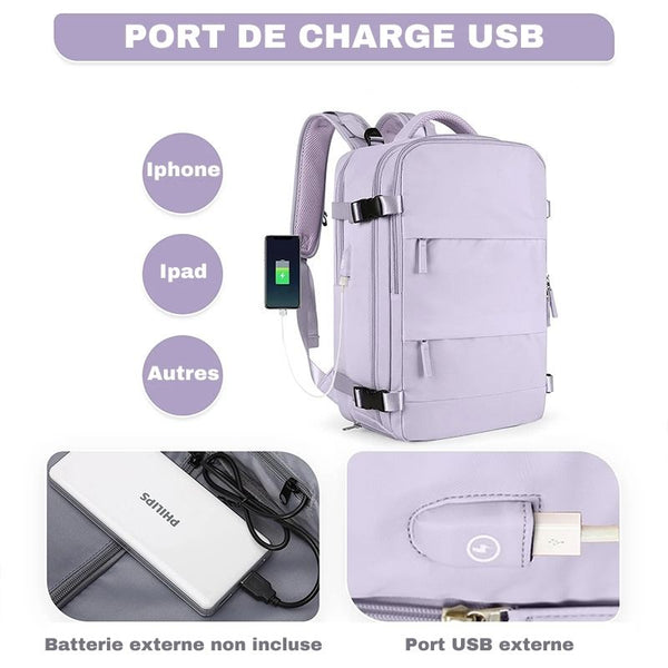 Sac à dos de voyage femme offrant une solution pratique pour recharger vos appareils.