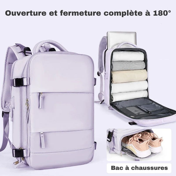 Sac à dos de voyage femme avec rangement pratique et ouverture à 180°