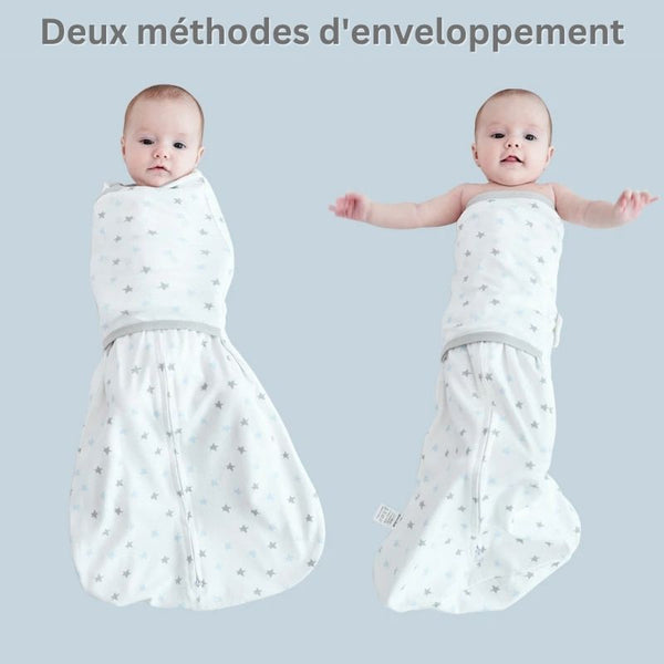 Illustration des options d'emmaillotage avec la Gigoteuse d'Emmaillotage Bébé.