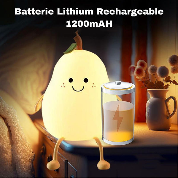 Veilleuse bébé poire sur table de nuit avec icône de batterie rechargeable 1200mAh.
