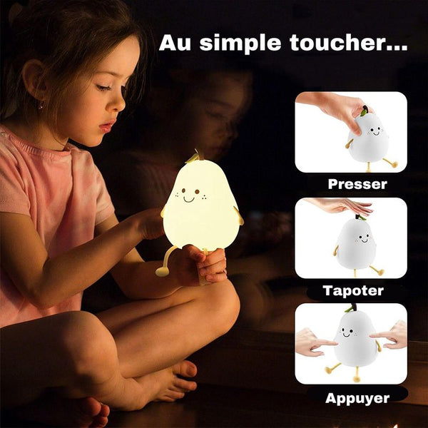 Fille tenant la veilleuse bébé poire avec différents modes tactiles : presser, tapoter, appuyer.