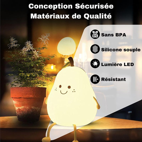 Veilleuse bébé poire avec pictogrammes : sans BPA, silicone souple, lumière LED et matériau résistant.
