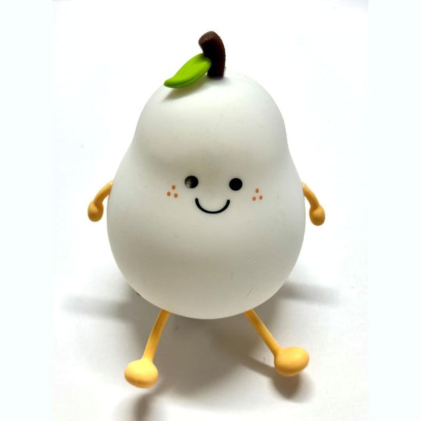 Veilleuse bébé poire blanche avec bras et jambes jaunes sur fond clair.