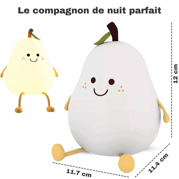 Dimensions de la veilleuse bébé poire affichées avec texte : compagnon de nuit parfait.