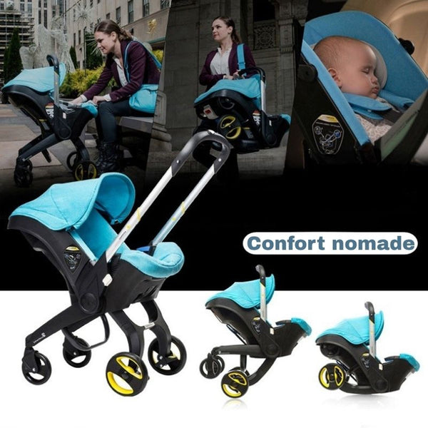 Poussette Siège Auto bleu ciel en utilisation urbaine nomade