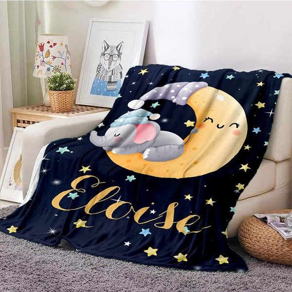Couverture Bébé Personnalisée noire avec un éléphant et des étoiles scintillantes.