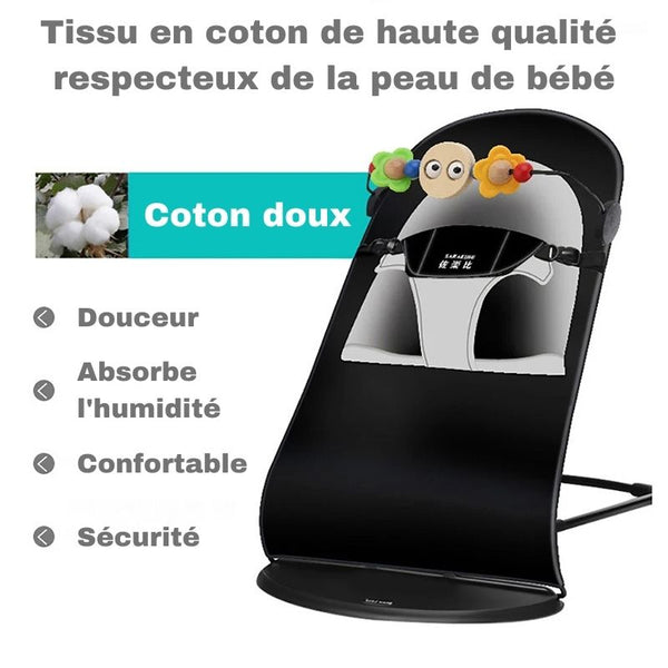 Transat bébé noir, offrant confort et sécurité grâce à son tissu de qualité.