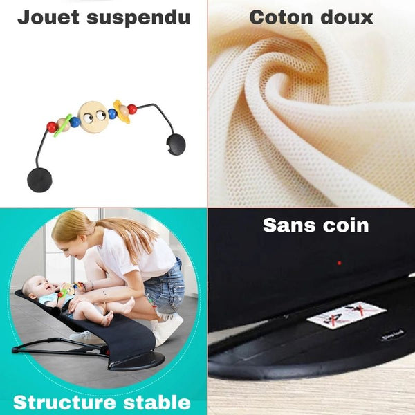 Transat bébé sécurisé avec jouets colorés et tissu respirant.