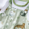 Détail haut de la Salopette Bébé avec bretelles à boutons et col vert bordé