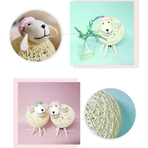 Détails tressés de la veilleuse bébé mouton, fabriquée en rotin et bois naturel.