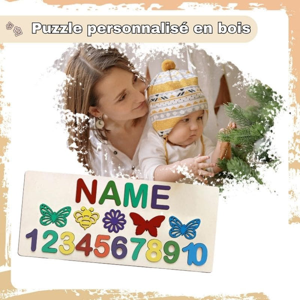 Jouet en bois personnalisé avec chiffres et formes ludiques.