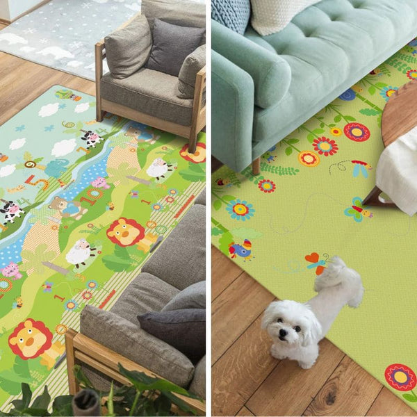 Tapis d'éveil bébé Montessori BabySteps dans un salon moderne.