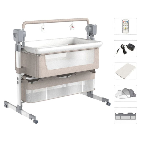 Berceau bébé portable beige avec accessoires pour un sommeil confortable.