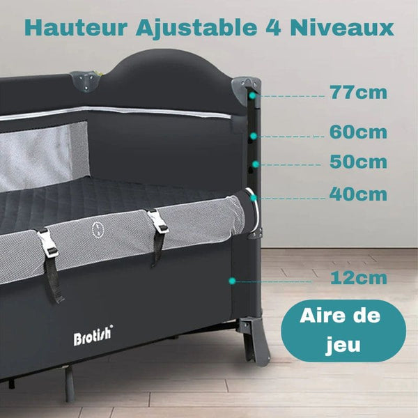 Berceau Bébé 3 en 1 avec hauteur ajustable sur 4 niveaux, offrant flexibilité et confort.