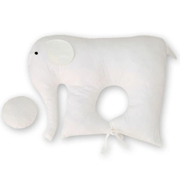 Coussin Bébé Éléphant blanc avec un coussin rond assorti, parfait pour le soutien ergonomique.