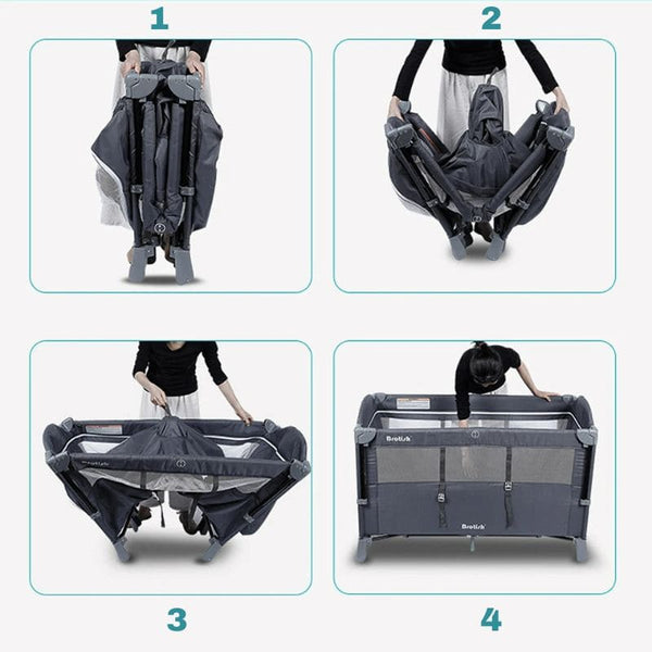 Processus simple pour plier et déplier le Berceau Bébé 3 en 1 en quatre étapes.