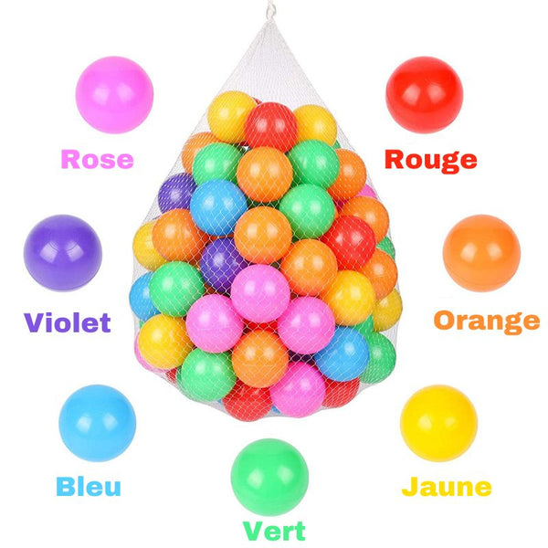Balles pour piscine à balles en différentes couleurs : rose, rouge, orange, jaune, vert, bleu, violet.