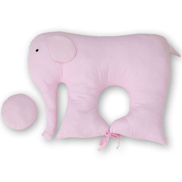 Coussin Bébé Éléphant rose avec un coussin rond assorti, ajoutant une touche de douceur.