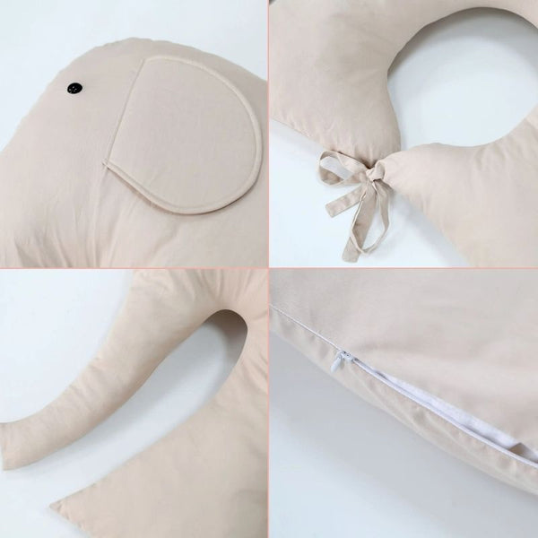 Gros plan sur les détails du Coussin Bébé Éléphant beige : couture soignée et rembourrage.