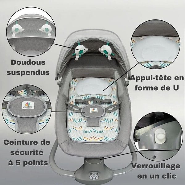 Zoom sur les fonctionnalités de la Balancelle Bébé Électrique : doudous suspendus, appui-tête en U, ceinture à 5 points.