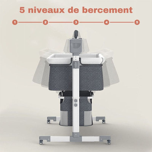 Berceau bébé portable offrant cinq niveaux de bercement pour apaiser le bébé.