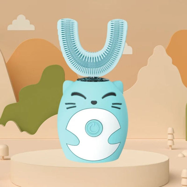 Brosse à dents électrique bébé pour les 7-14 ans, modèle bleu, avec poils en silicone alimentaire.