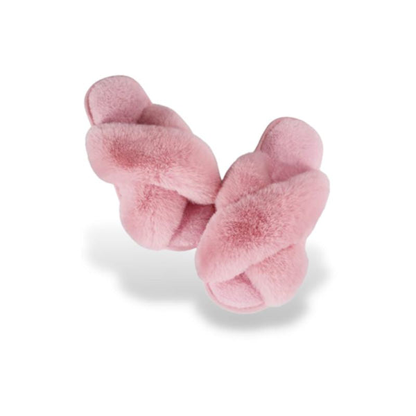 Chaussons Confortable Femme rose en peluche épaisse avec un style croisé