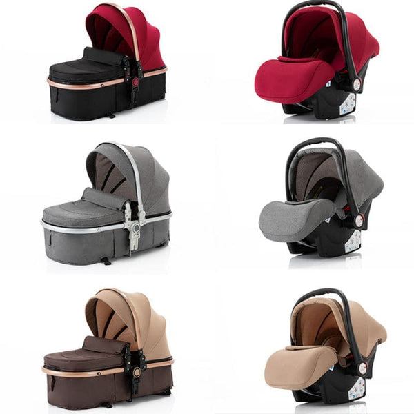 Ensemble de nacelles et sièges auto de la la poussette 3 en 1 BabyRide, en version rouge, grise et beige.