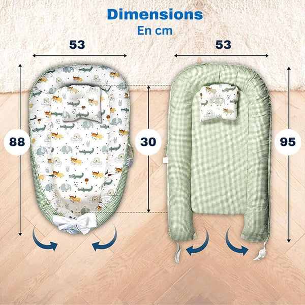 Réducteur de Lit Bébé spacieux et adaptable avec des mesures précises.