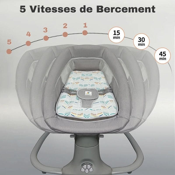 Balancelle Bébé Électrique réglable avec 5 vitesses de bercement pour un apaisement optimal.
