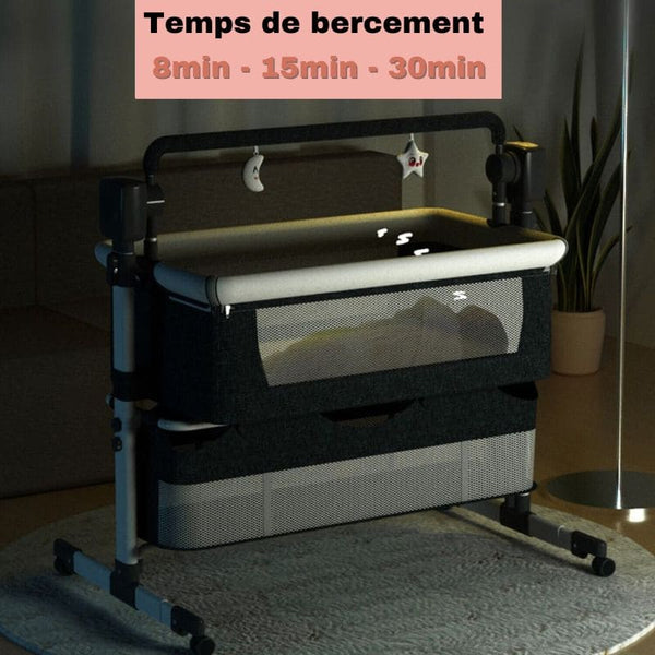 Berceau bébé portable en mode nuit avec options de minuterie pour le bercement.
