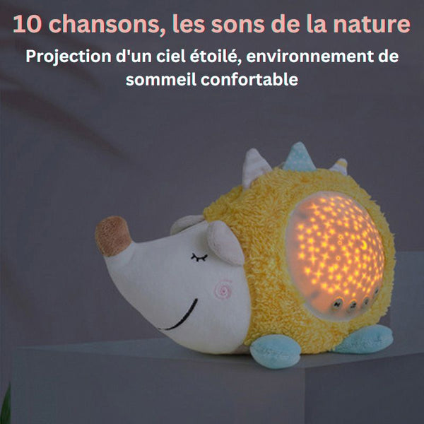Veilleuse bébé hérisson illuminée avec projection étoilée et sons de la nature.
