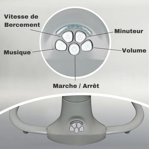 Panneau de commande multifonctions de la Balancelle Bébé Électrique pour un contrôle facile du bercement, de la musique et du volume.