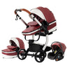 Poussette 3 en 1 en cuir PU couleur bordeaux avec nacelle et cosy assortis