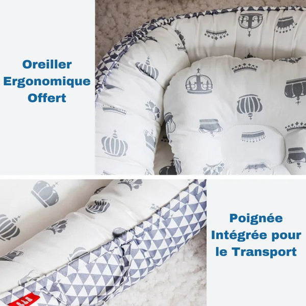 Réducteur de Lit Bébé douillet avec coussin ergonomique inclus.