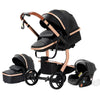 Poussette 3 en 1 en cuir PU noire avec châssis doré et accessoires coordonnés