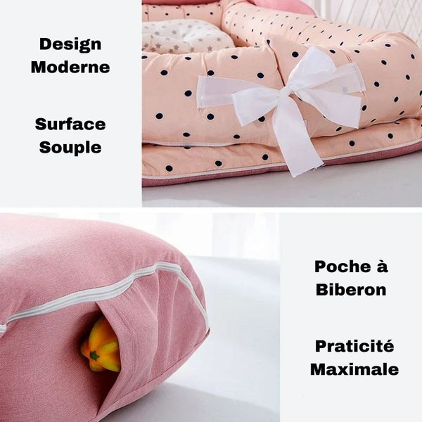 Réducteur de Lit Bébé avec rangement intégré et matériaux de qualité.