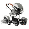 Poussette 3 en 1 en cuir PU gris clair avec finitions blanches et cosy assorti