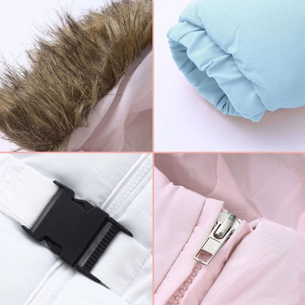 Détail de la boucle de ceinture noire, fausse fourrure et fermeture éclair sur la combinaison Hiver Bébé, alliant style et ajustement parfait.