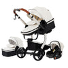 Poussette 3 en 1 en cuir PU blanc cassé avec structure noire et siège auto intégré