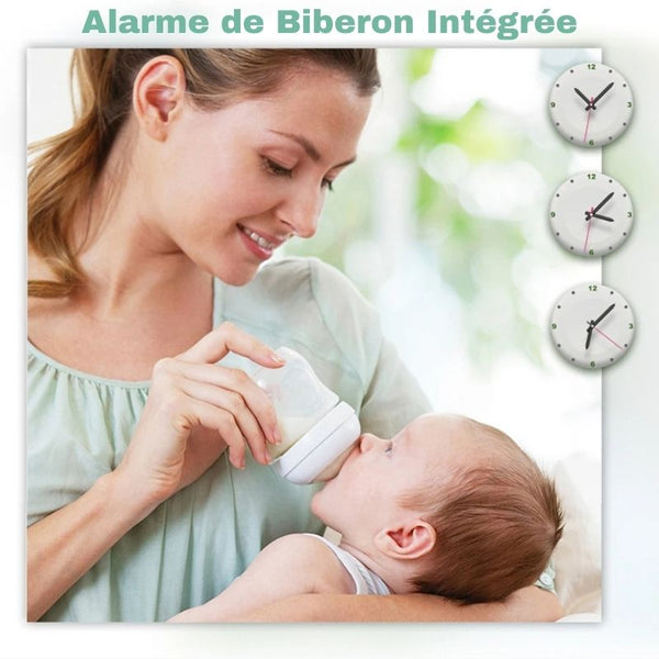Maman nourrissant son bébé avec une alarme de biberon intégrée au babyphone longue portée