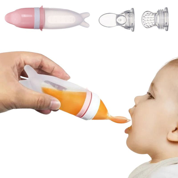 Biberon cuillère en silicone avec couvercle rose et embout pour nourrir les bébés facilement.