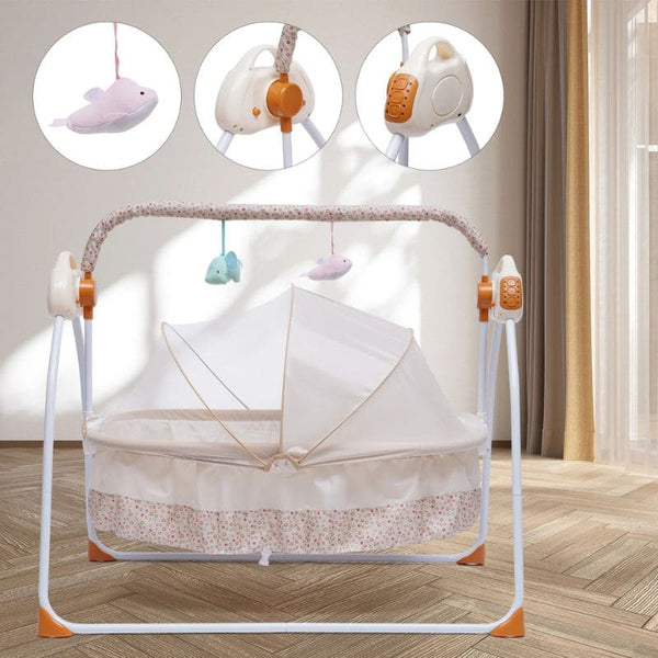 Berceau Bébé Électrique avec jouets suspendus et panneau de contrôle intégré.