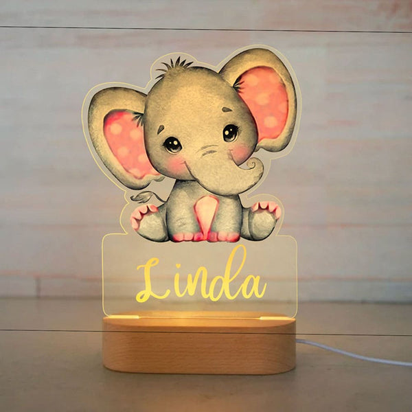 Veilleuse bébé personnalisée "Linda", éléphante rose décorative et apaisante pour la chambre.