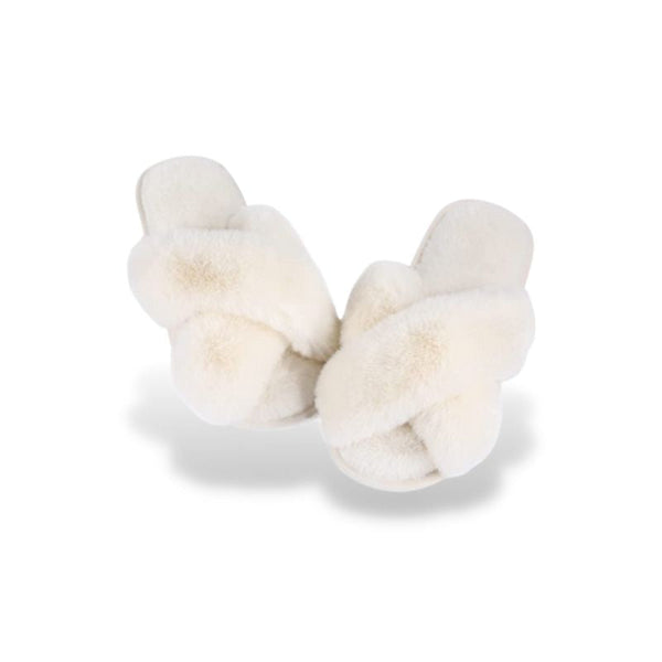 Chaussons Confortable Femme blancs en peluche épaisse avec un style croisé