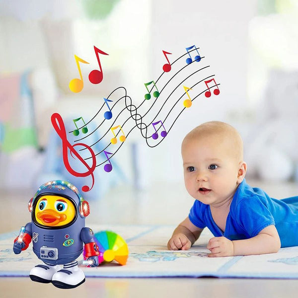 Bébé couché sur son ventre captivé par le Jouet d'Éveil Bébé Canard Dansant StarDuck.