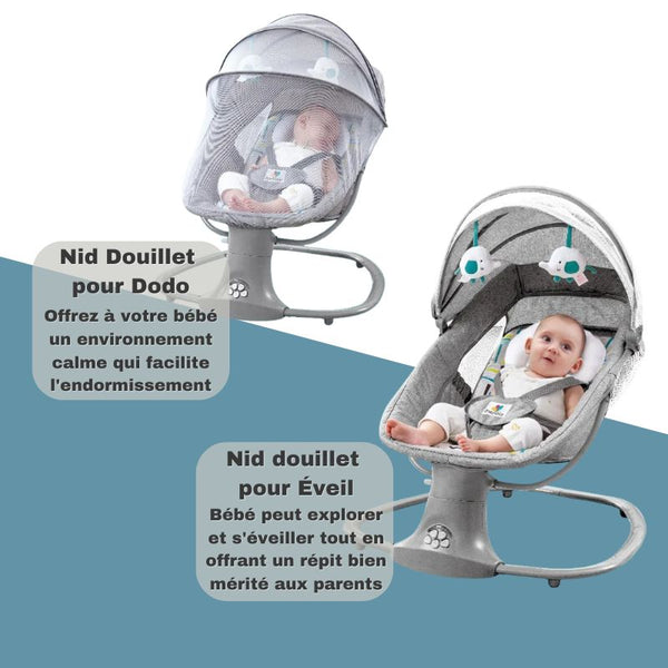 Balancelle Bébé Électrique illustrant différentes positions pour le sommeil et l'éveil.